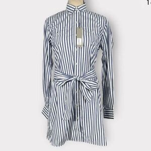 Pennington Bailes Navy White Striped Button Front Belted Shirt Dress Size XS